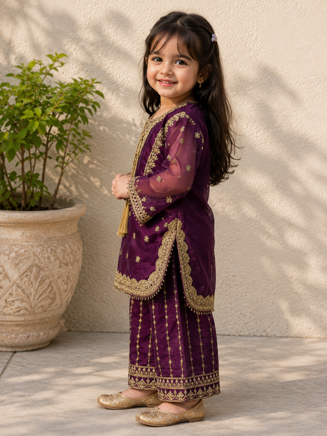 Mahjabeen - 2 Pcs Organza Royal Purple Gold Embroided Dress