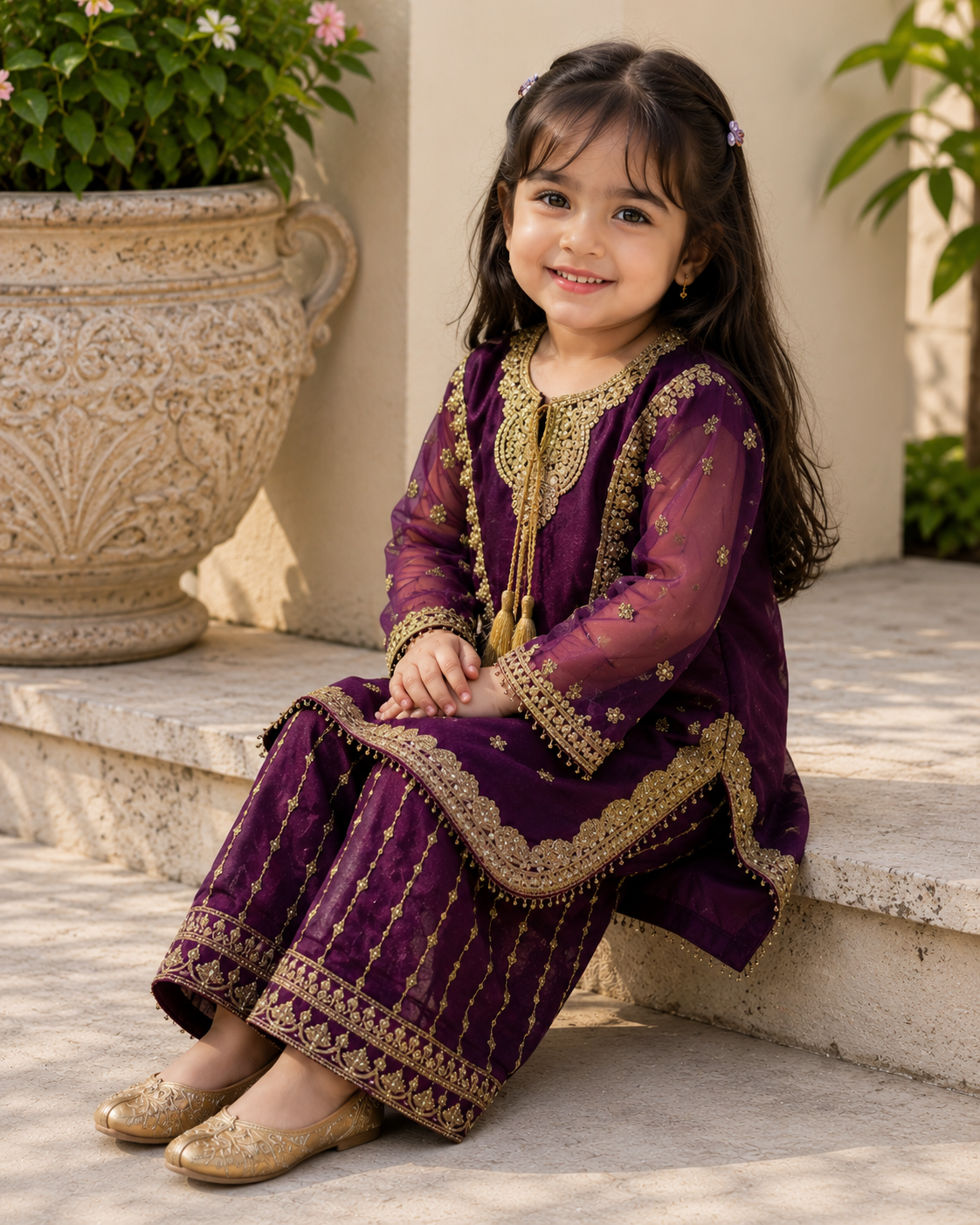 Mahjabeen - 2 Pcs Organza Royal Purple Gold Embroided Dress
