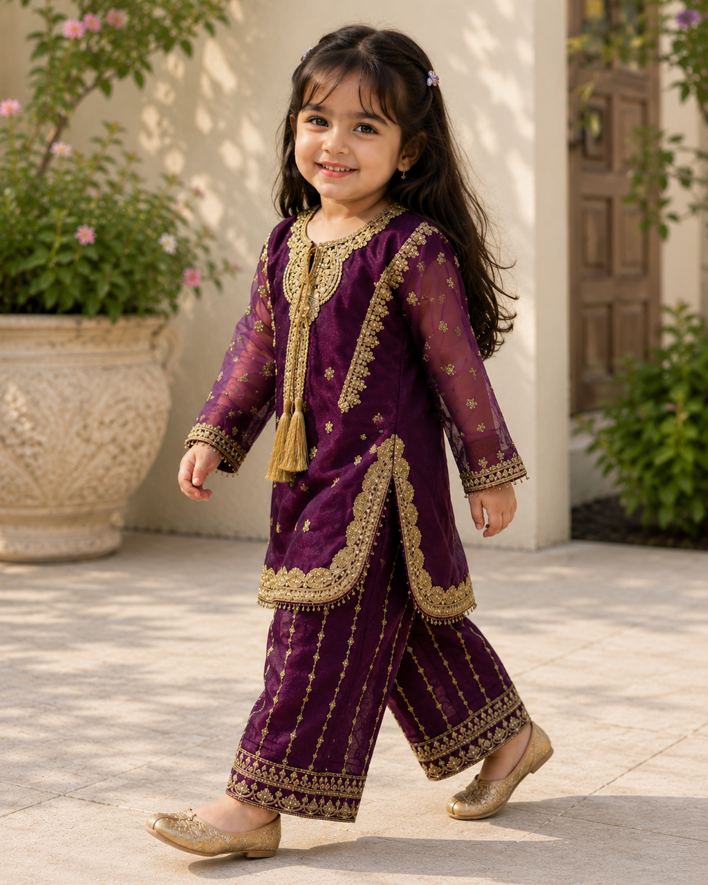 Mahjabeen - 2 Pcs Organza Royal Purple Gold Embroided Dress