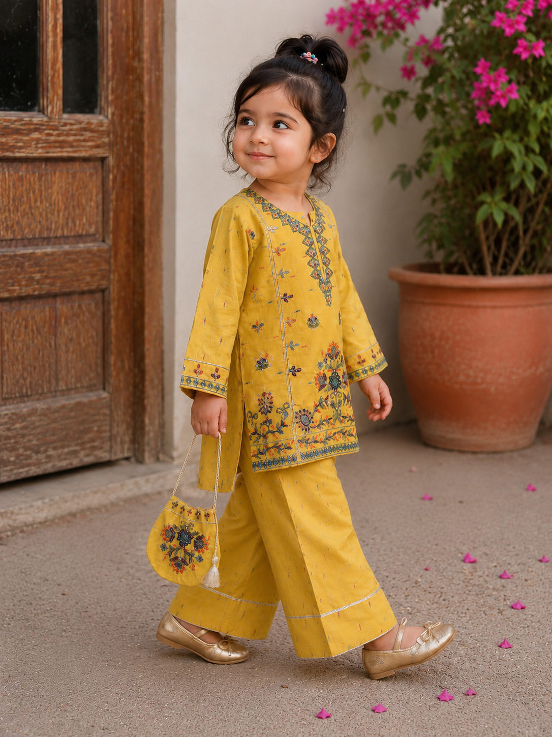 Gulnaar - Farshi Shalwar and Embroided Shirt with Fancy Pouch