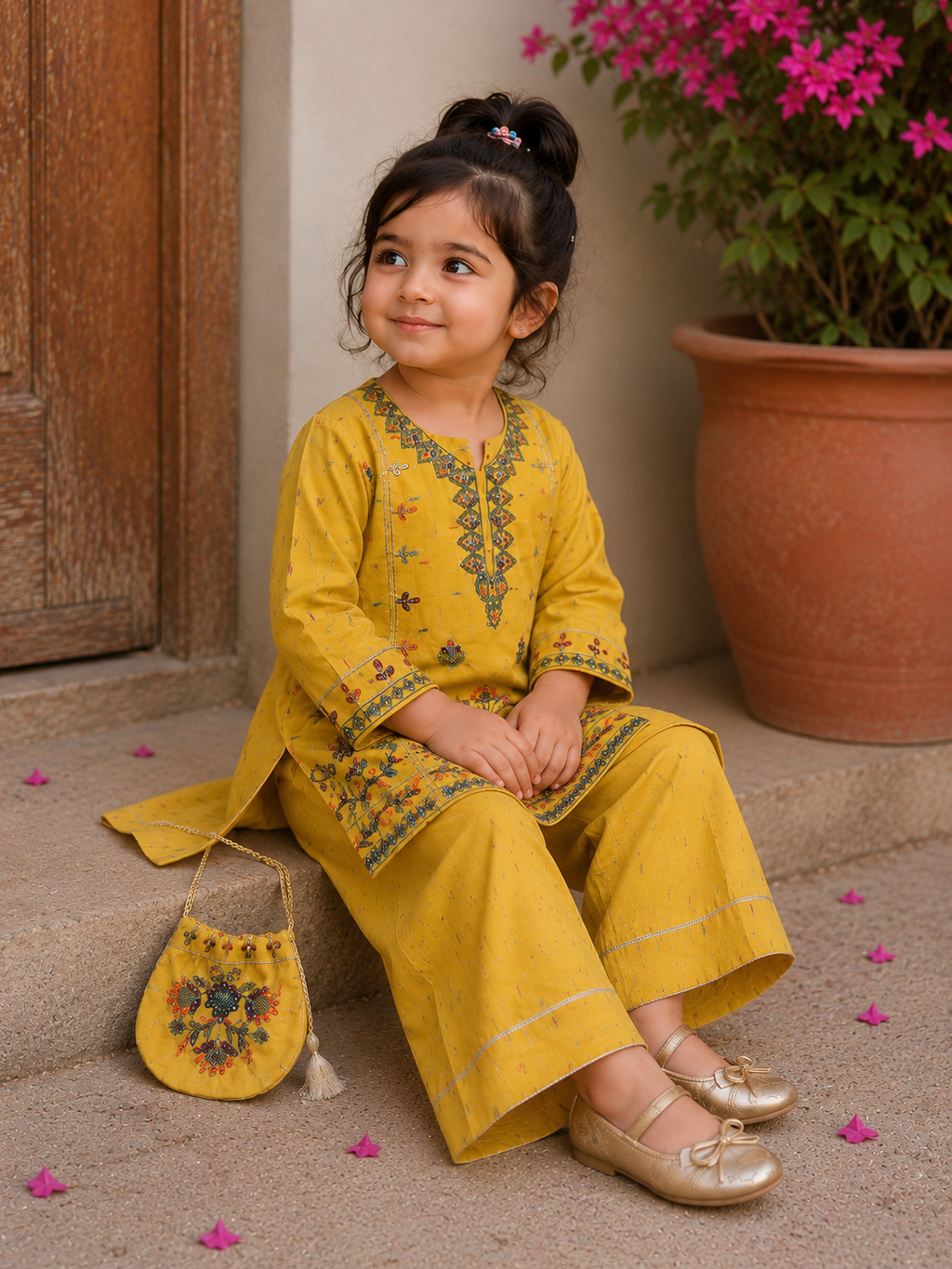 Gulnaar - Farshi Shalwar and Embroided Shirt with Fancy Pouch