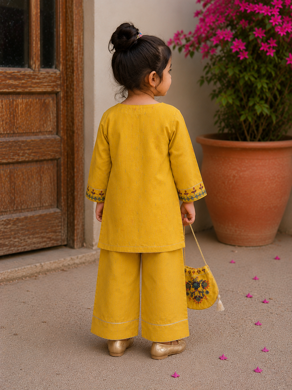 Gulnaar - Farshi Shalwar and Embroided Shirt with Fancy Pouch