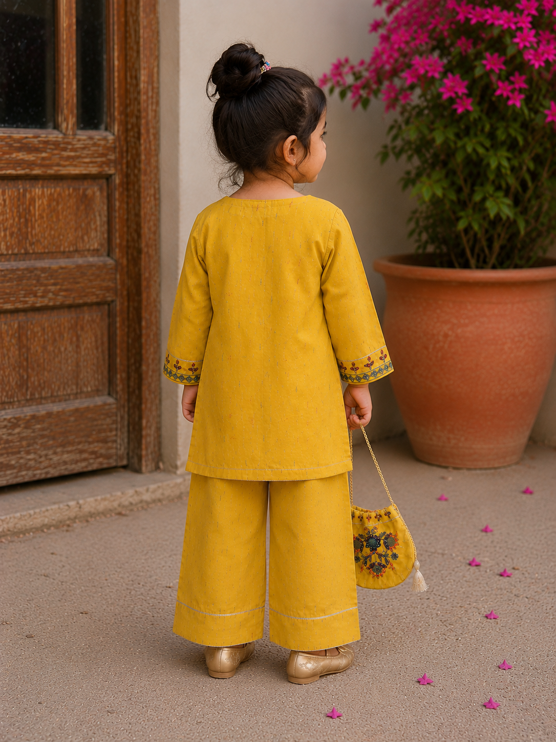 Gulnaar - Farshi Shalwar and Embroided Shirt with Fancy Pouch