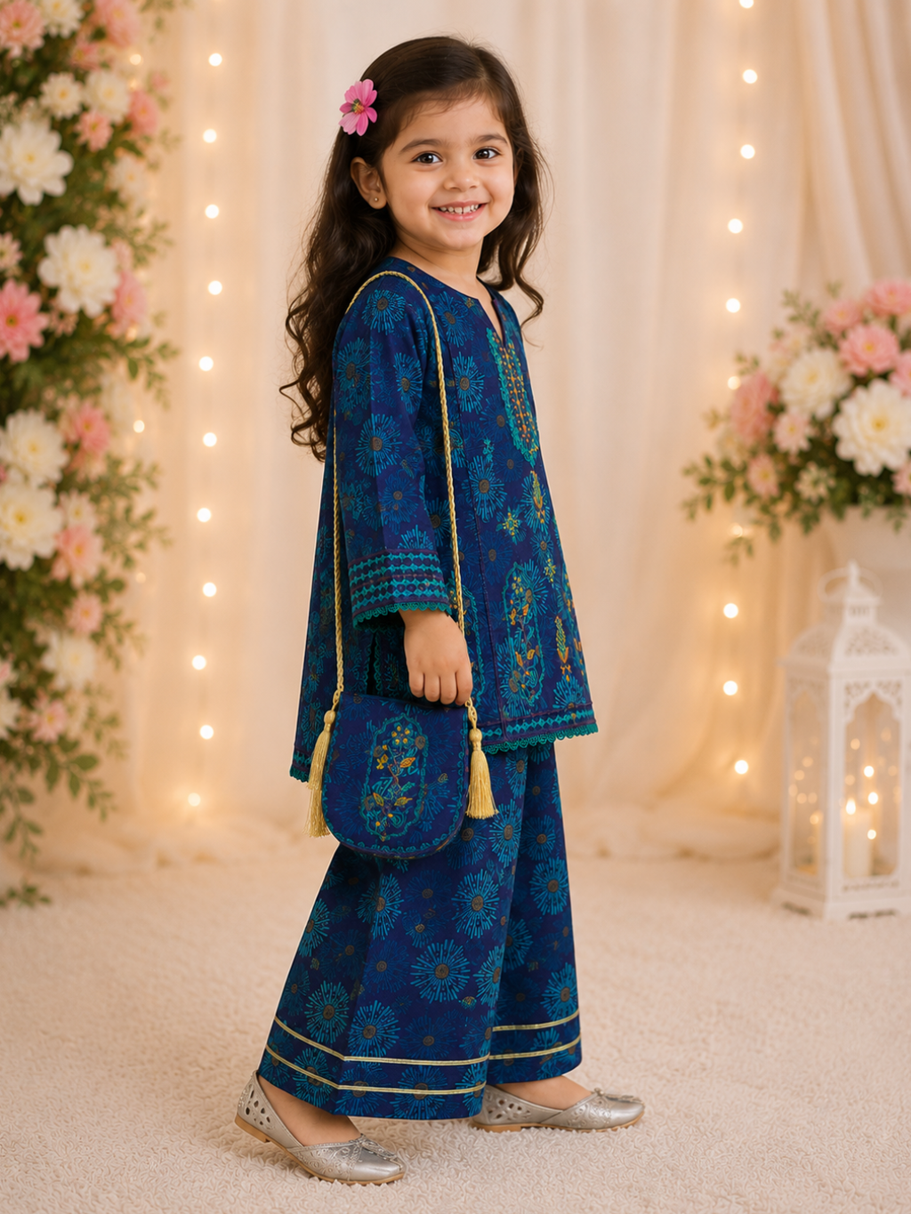 Neelum - Farshi Shalwar and Embroided Shirt with Elegant Pouch