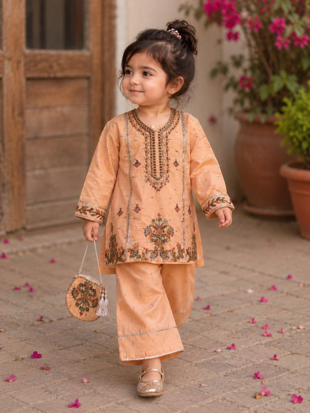 Gulbahar - 3Pcs Farshi Shalwar with Embroided Shirt and Fancy Pouch