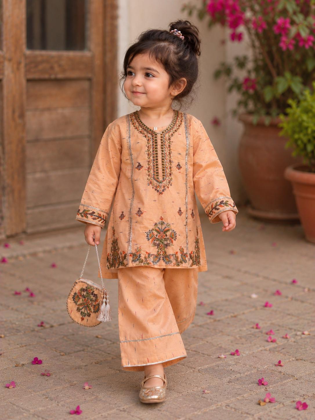 Gulbahar - 3Pcs Farshi Shalwar with Embroided Shirt and Fancy Pouch