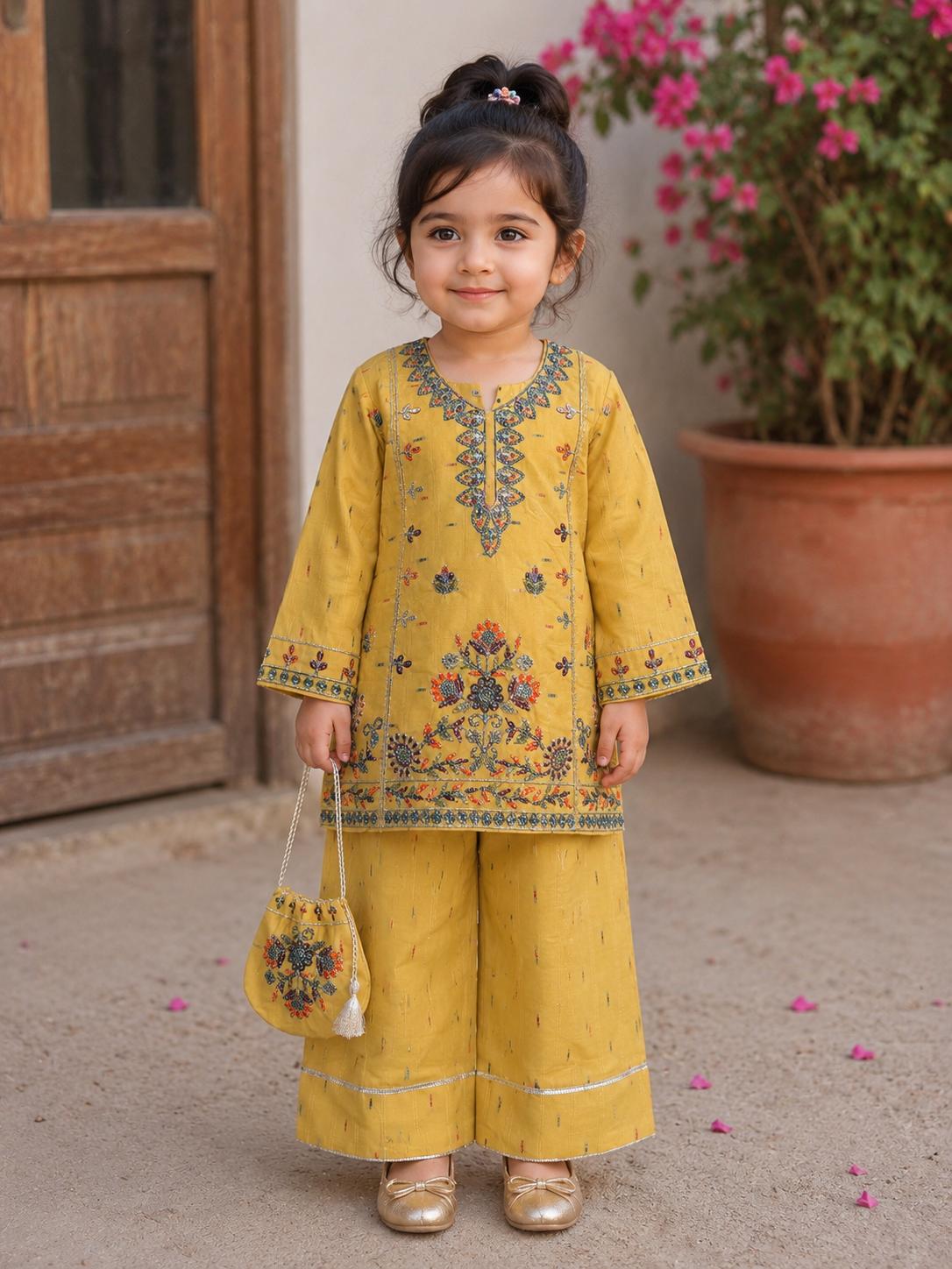 Gulnaar - Farshi Shalwar and Embroided Shirt with Fancy Pouch