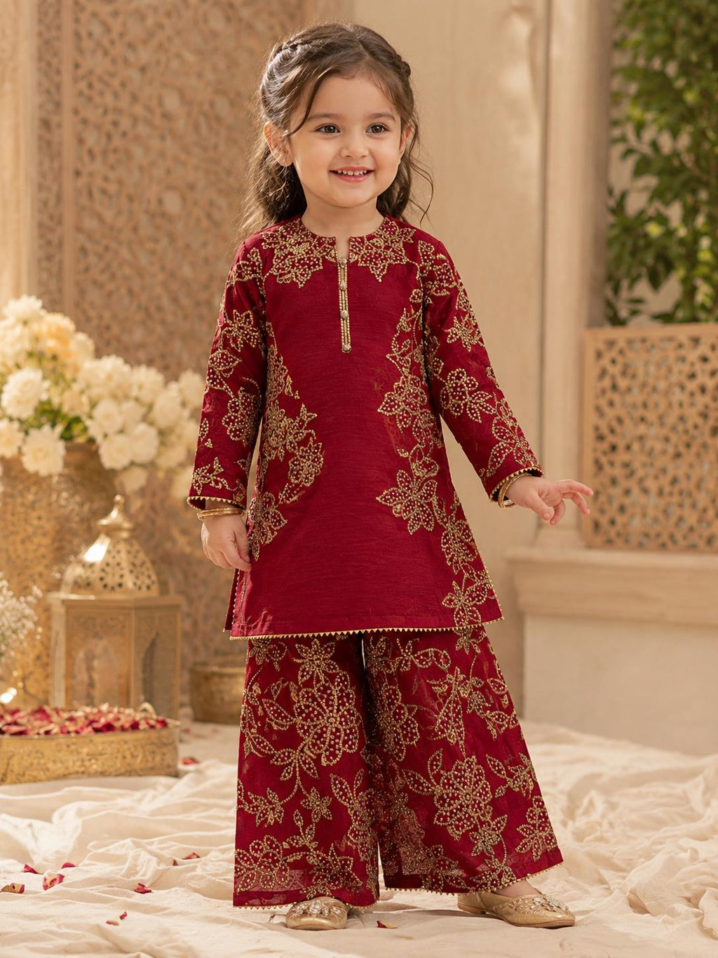 Noori - 3 Pcs Chiffon Plazo Set with Coral Work