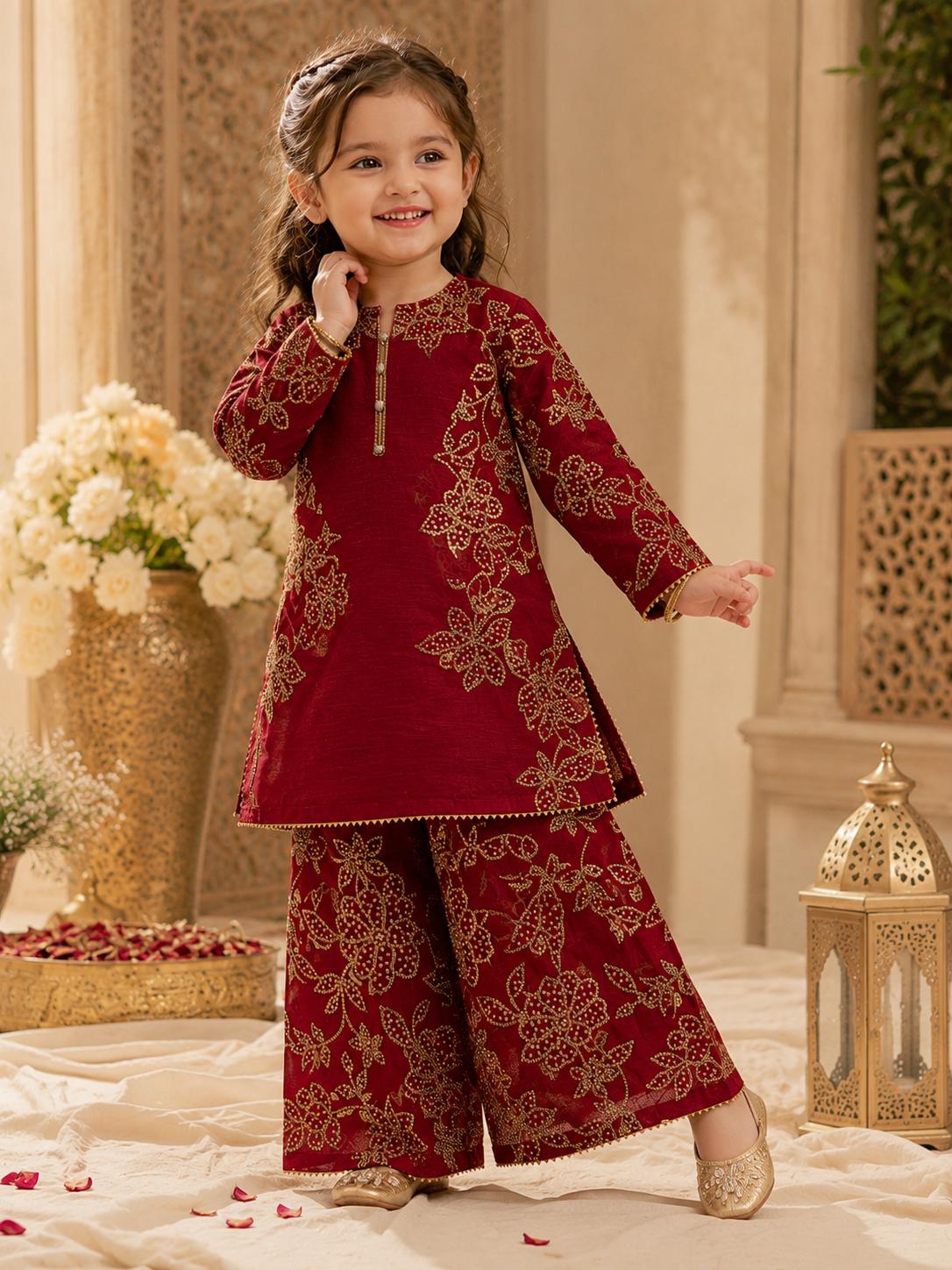 Noori - 3 Pcs Chiffon Plazo Set with Coral Work