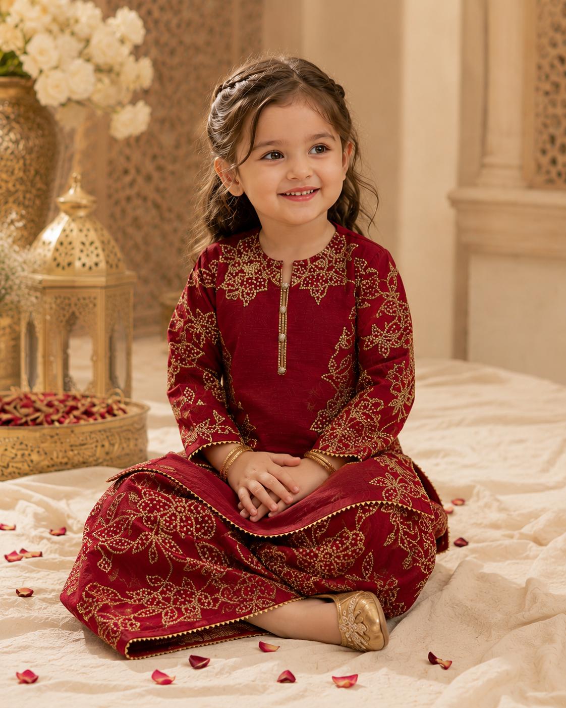 Noori - 3 Pcs Chiffon Plazo Set with Coral Work