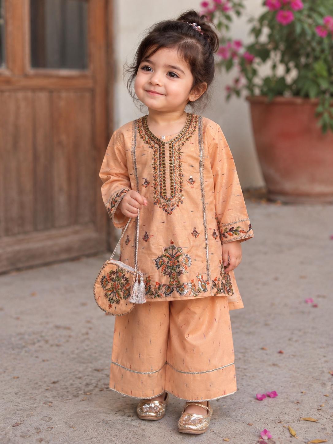 Gulbahar - 3Pcs Farshi Shalwar with Embroided Shirt and Fancy Pouch
