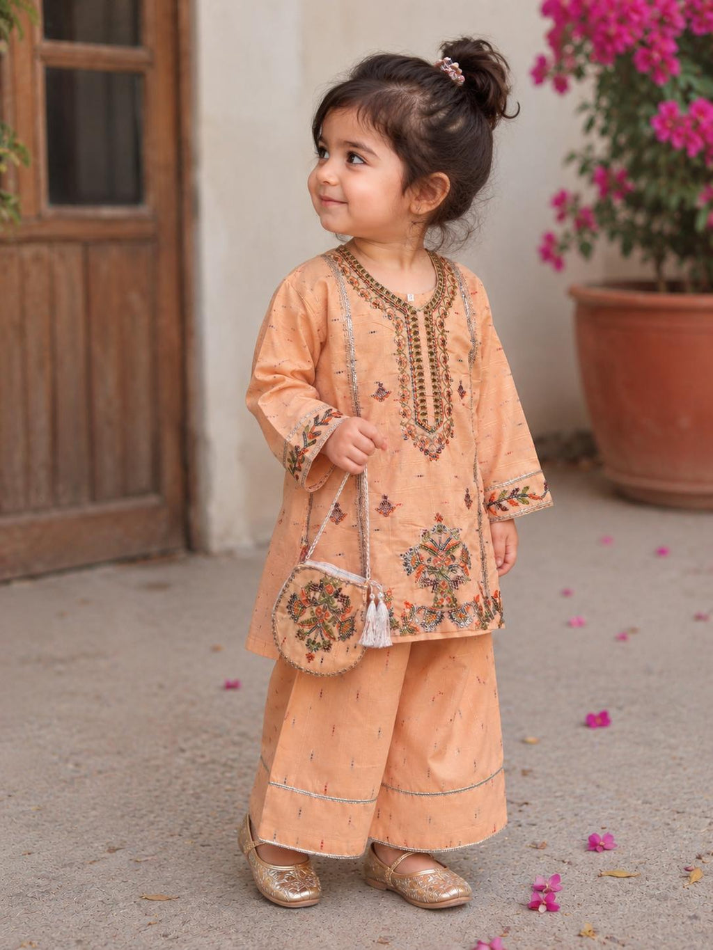 Gulbahar - 3Pcs Farshi Shalwar with Embroided Shirt and Fancy Pouch