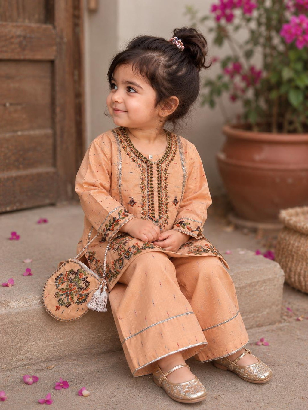 Gulbahar - 3Pcs Farshi Shalwar with Embroided Shirt and Fancy Pouch