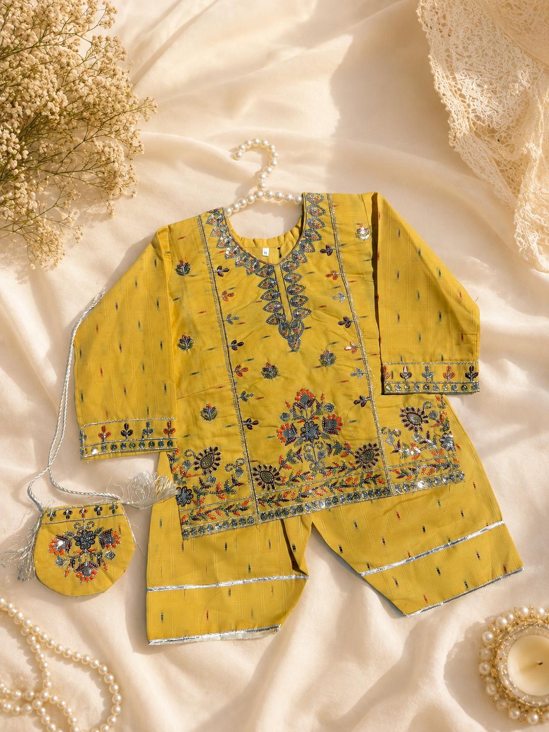 Gulnaar - Farshi Shalwar and Embroided Shirt with Fancy Pouch