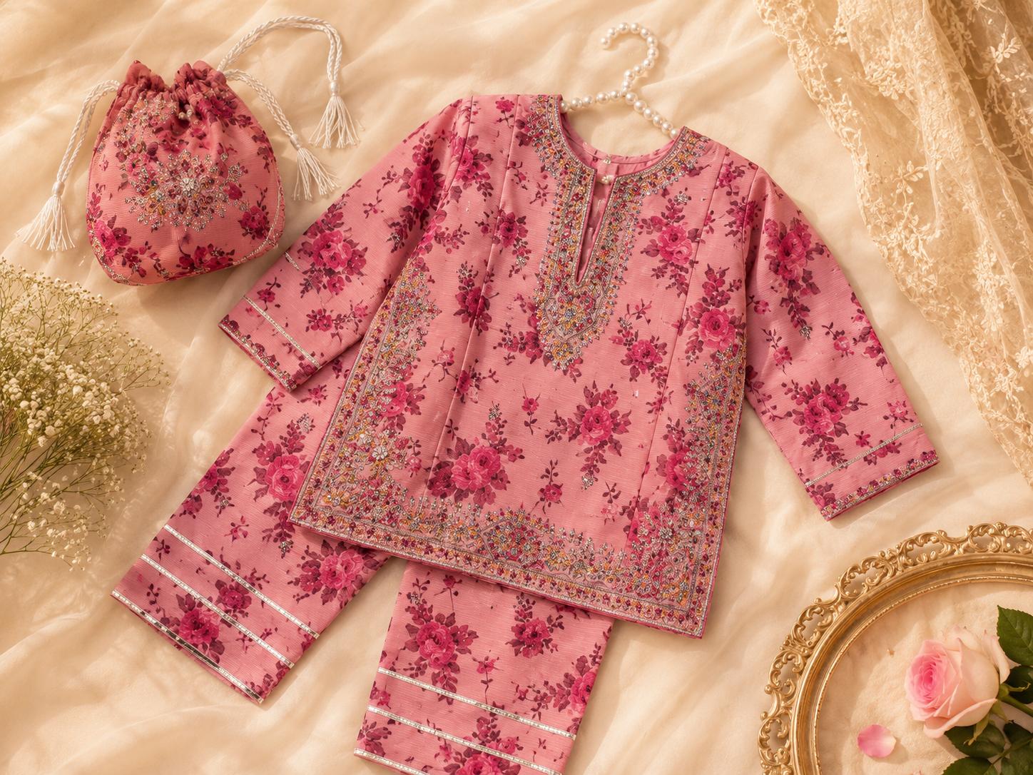Gulbano - Farshi Shalwar with Silver Embroided Shirt with Fancy Pouch