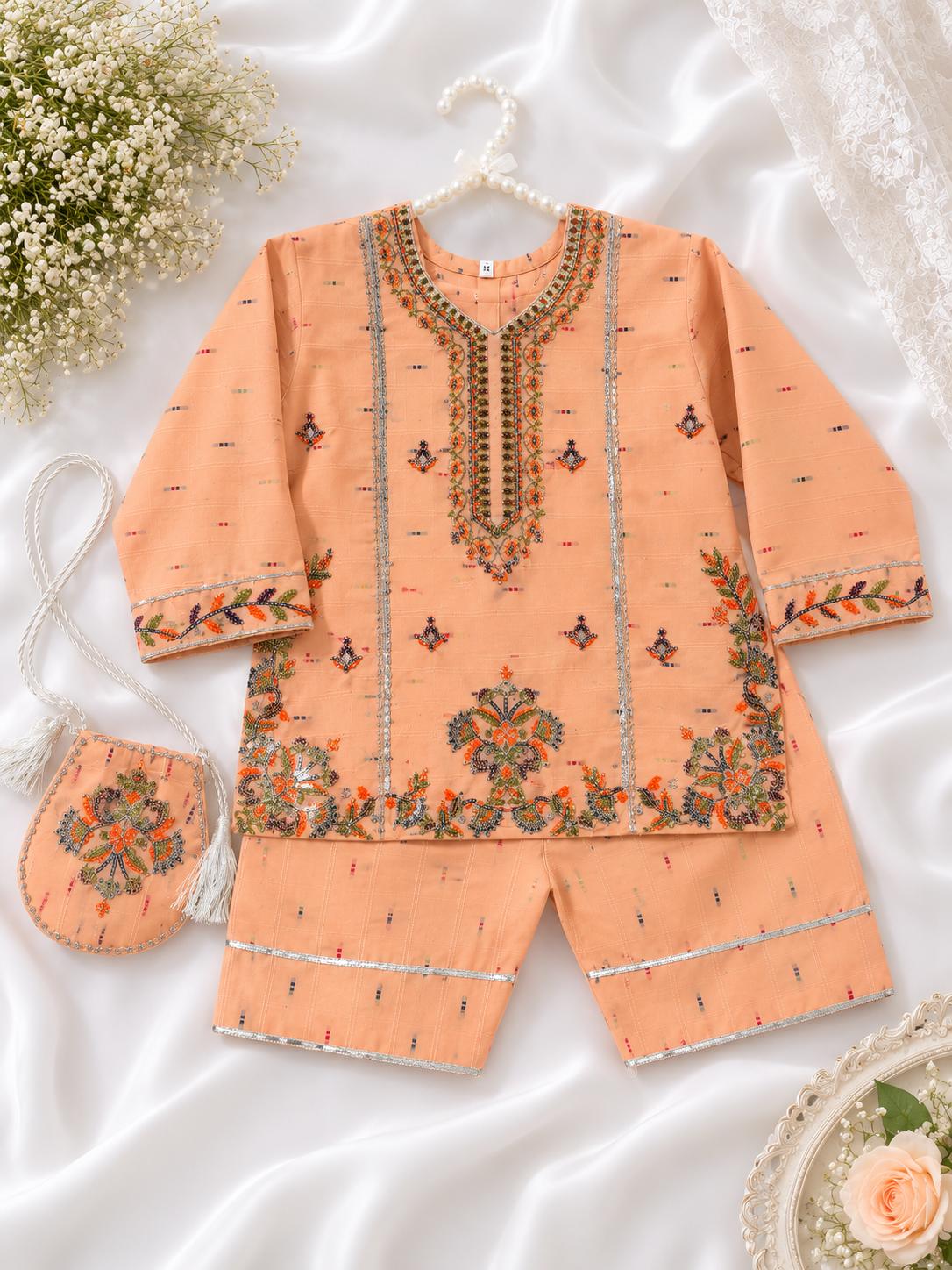 Gulbahar - 3Pcs Farshi Shalwar with Embroided Shirt and Fancy Pouch
