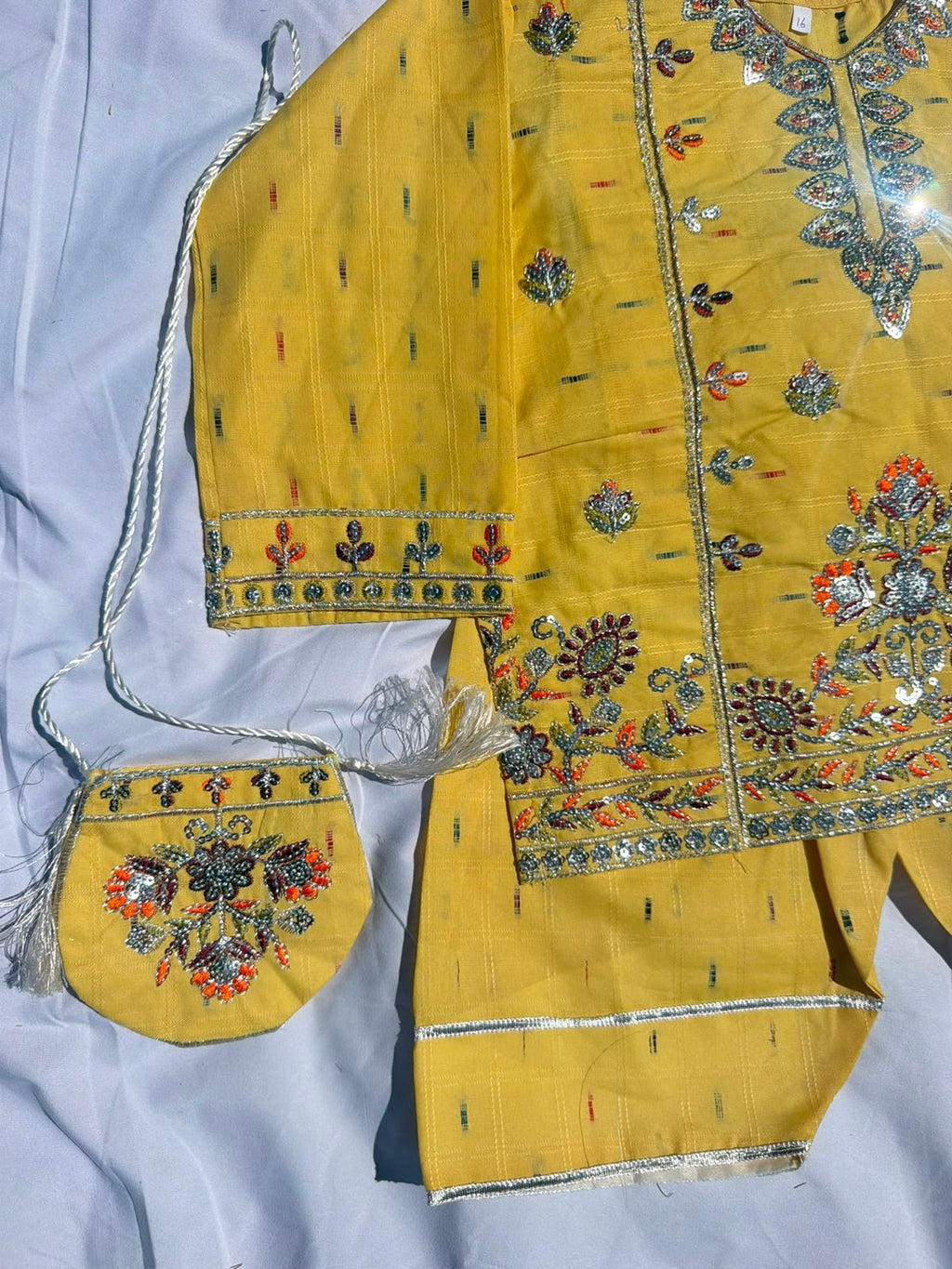 Gulnaar - Farshi Shalwar and Embroided Shirt with Fancy Pouch