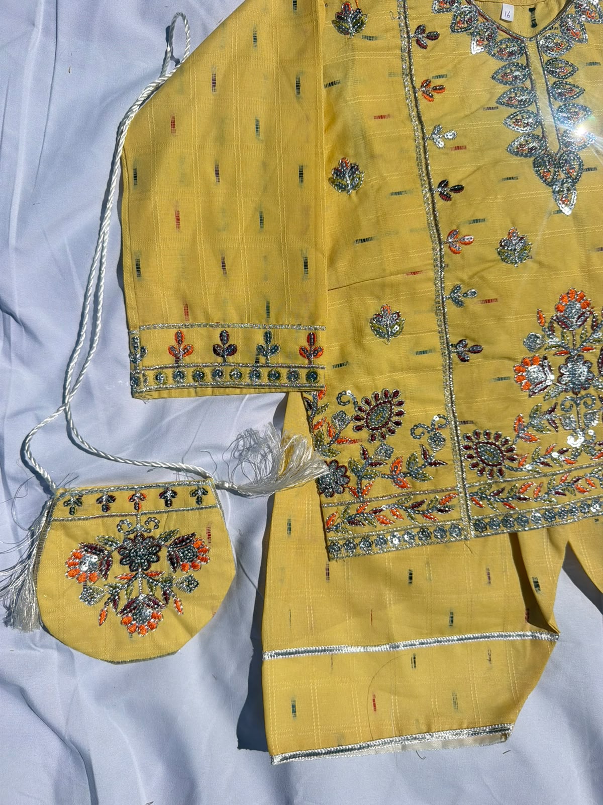 Gulnaar - Farshi Shalwar and Embroided Shirt with Fancy Pouch