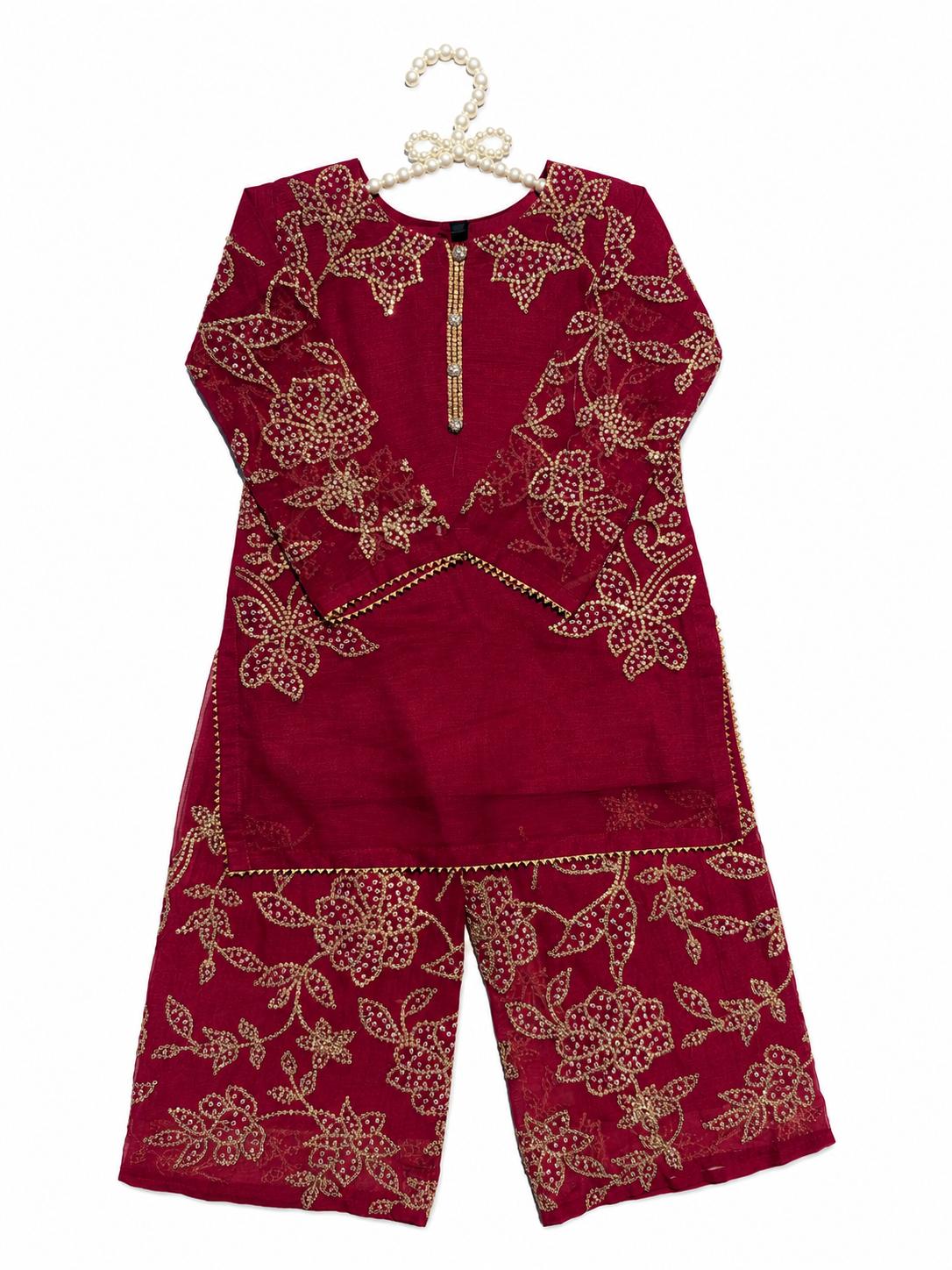 Noori - 3 Pcs Chiffon Plazo Set with Coral Work