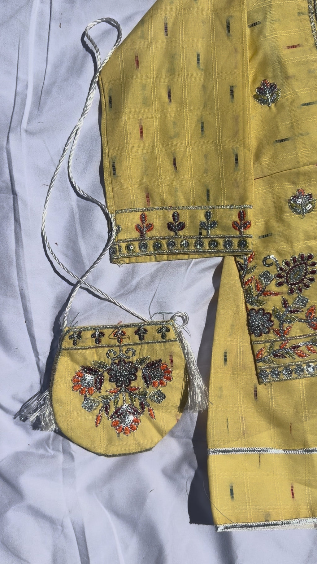 Gulnaar - Farshi Shalwar and Embroided Shirt with Fancy Pouch