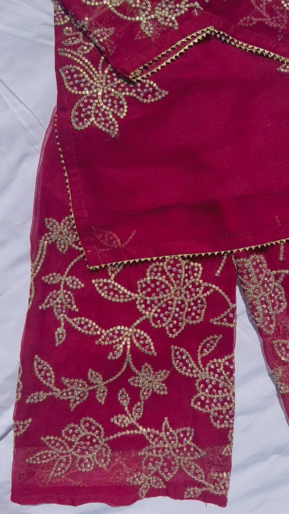 Noori - 3 Pcs Chiffon Plazo Set with Coral Work